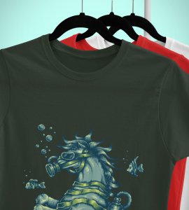 Animated Sea Horse -round crew neck cotton tshirts for men