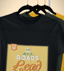 All roads lead to rome (yellow) -round crew neck cotton tshirts for men
