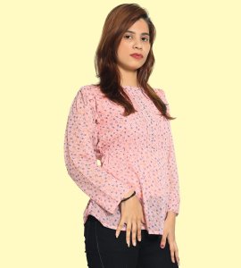 Blue White Tulips floral printed womens top (pink top)  - Made up of Rayon for your plesant and cozy