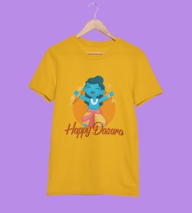 Happy Dasara printed unisex adults round neck cotton half-sleeve yellow tshirt specially for Navratri festival/ Durga puja