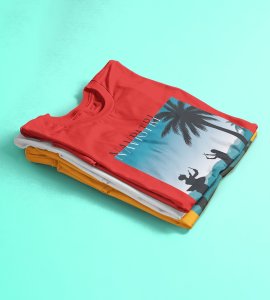 Blue rectangular box scenery printed unisex adults round neck cotton half-sleeve red tshirt specially for Navratri festival/ Durga puja