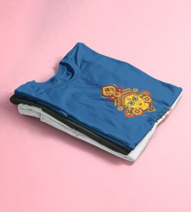 Durga maa face (Yellow) printed unisex adults round neck cotton half-sleeve blue tshirt specially for Navratri festival/ Durga puja
