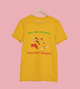Navratri magic printed unisex adults round neck cotton half-sleeve yellow tshirt specially for Navratri festival/ Durga puja
