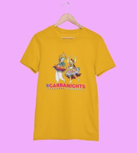 Garba nights, couple printed unisex adults round neck cotton half-sleeve yellow tshirt specially for Navratri festival/ Durga puja