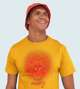 Happy Navratri (BG Red) printed unisex adults round neck cotton half-sleeve yellow tshirt specially for Navratri festival/ Durga puja