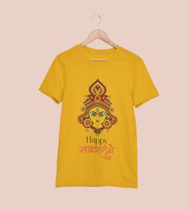 Durga ma face printed unisex adults round neck cotton half-sleeve yellow tshirt specially for Navratri festival/ Durga puja