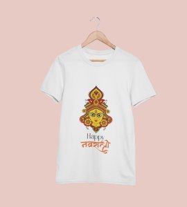 Happy Navratri (yellow) printed unisex adults round neck cotton half-sleeve white tshirt specially for Navratri festival/ Durga puja