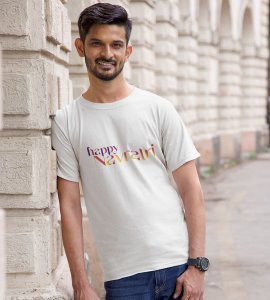 Happy Navratri (colourful text) printed unisex adults round neck cotton half-sleeve white tshirt specially for Navratri festival/ Durga puja