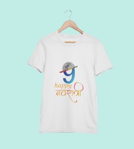 Happy Navratri printed unisex adults round neck cotton half-sleeve white tshirt specially for Navratri festival/ Durga puja
