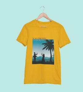 Blue rectangular box scenery printed unisex adults round neck cotton half-sleeve yellow tshirt specially for Navratri festival/ Durga puja