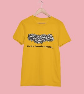 Ah it's dussehra again printed unisex adults round neck cotton half-sleeve yellow tshirt specially for Navratri festival/ Durga puja