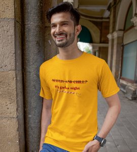 It's garba night printed unisex adults round neck cotton half-sleeve yellow tshirt specially for Navratri festival/ Durga puja