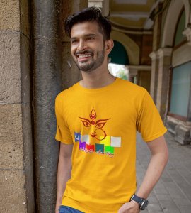 Durga maa face lining printed unisex adults round neck cotton half-sleeve yellow tshirt specially for Navratri festival/ Durga puja
