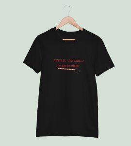 Netflix and chill printed unisex adults round neck cotton half-sleeve black tshirt specially for Navratri festival/ Durga puja
