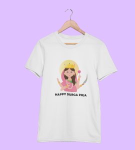 Happy durga puja (pink saree) printed unisex adults round neck cotton half-sleeve white tshirt specially for Navratri festival/ Durga puja