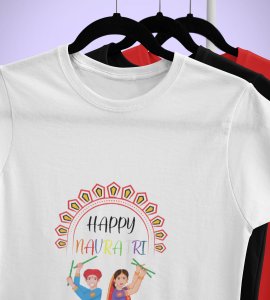 Garba dance couple printed unisex adults round neck cotton half-sleeve white tshirt specially for Navratri festival/ Durga puja