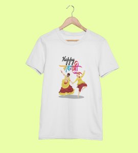 Happy Navratri (couple dancing) printed unisex adults round neck cotton half-sleeve white tshirt specially for Navratri festival/ Durga puja
