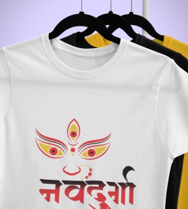 Navadurga printed unisex adults round neck cotton half-sleeve white tshirt specially for Navratri festival/ Durga puja
