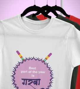 Two dandiyas crossed coloured blast printed unisex adults round neck cotton half-sleeve white tshirt specially for Navratri festival/ Durga puja