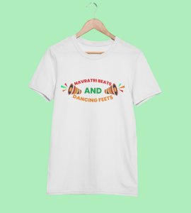 Navratri beats printed unisex adults round neck cotton half-sleeve white tshirt specially for Navratri festival/ Durga puja