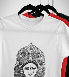 Durga maa (potrait) printed unisex adults round neck cotton half-sleeve white tshirt specially for Navratri festival/ Durga puja