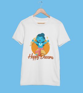 Happy Dasara printed unisex adults round neck cotton half-sleeve white tshirt specially for Navratri festival/ Durga puja
