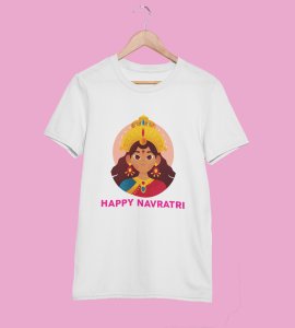 Durg maa face animated printed unisex adults round neck cotton half-sleeve white tshirt specially for Navratri festival/ Durga puja