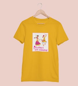 Dandiya days are coming printed unisex adults round neck cotton half-sleeve yellow tshirt specially for Navratri festival/ Durga puja