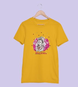Durga maa (sidefaced) printed unisex adults round neck cotton half-sleeve yellow tshirt specially for Navratri festival/ Durga puja