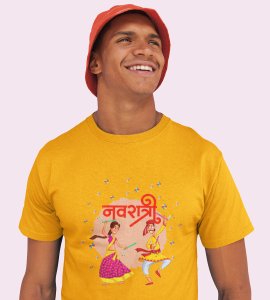 Dancing garba printed unisex adults round neck cotton half-sleeve yellow tshirt specially for Navratri festival/ Durga puja