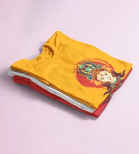Durga maa animated printed unisex adults round neck cotton half-sleeve yellow tshirt specially for Navratri festival/ Durga puja