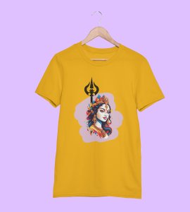 Durga maa (trishul) printed unisex adults round neck cotton half-sleeve yellow tshirt specially for Navratri festival/ Durga puja