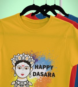 Happy Dasara (white) printed unisex adults round neck cotton half-sleeve yellow tshirt specially for Navratri festival/ Durga puja