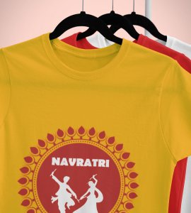 White shadowed couple danging printed unisex adults round neck cotton half-sleeve yellow tshirt specially for Navratri festival/ Durga puja