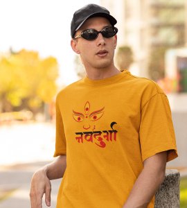 Navdurga printed unisex adults round neck cotton half-sleeve yellow tshirt specially for Navratri festival/ Durga puja