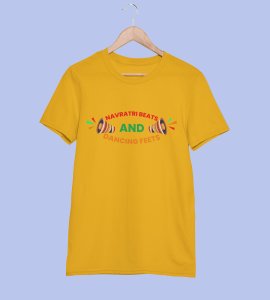 Navrtri beats printed unisex adults round neck cotton half-sleeve yellow tshirt specially for Navratri festival/ Durga puja