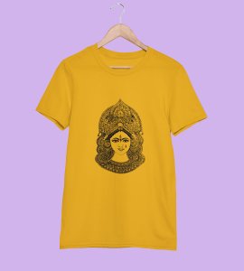 Durga maa black potrait printed unisex adults round neck cotton half-sleeve yellow tshirt specially for Navratri festival/ Durga puja
