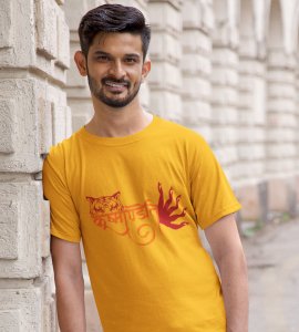 Scandamatini(hands) printed unisex adults round neck cotton half-sleeve yellow tshirt specially for Navratri festival/ Durga puja