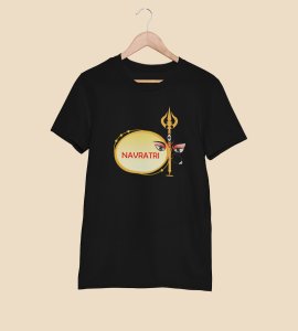Durga maa eyes & dhol printed unisex adults round neck cotton half-sleeve black tshirt specially for Navratri festival/ Durga puja