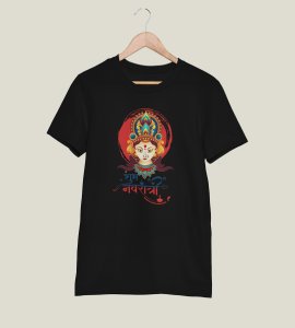 Shub Navratri (Maa durga face) printed unisex adults round neck cotton half-sleeve black tshirt specially for Navratri festival/ Durga puja