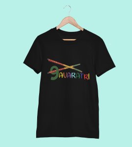 Navratri (2 dandiyas) printed unisex adults round neck cotton half-sleeve black tshirt specially for Navratri festival/ Durga puja