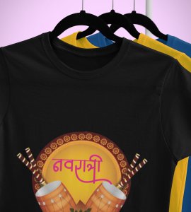 Dhaks and pot printed unisex adults round neck cotton half-sleeve black tshirt specially for Navratri festival/ Durga puja