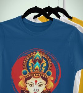 Maa durga animated face printed unisex adults round neck cotton half-sleeve blue tshirt specially for Navratri festival/ Durga puja