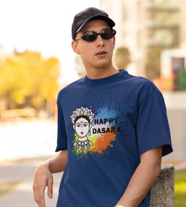 Happy Dasara (BG white) printed unisex adults round neck cotton half-sleeve blue tshirt specially for Navratri festival/ Durga puja