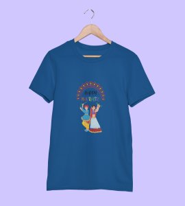Dancing couple(traditional dress) printed unisex adults round neck cotton half-sleeve blue tshirt specially for Navratri festival/ Durga puja