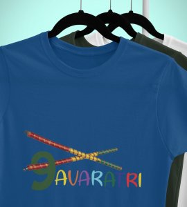 Navratri text printed unisex adults round neck cotton half-sleeve blue tshirt specially for Navratri festival/ Durga puja
