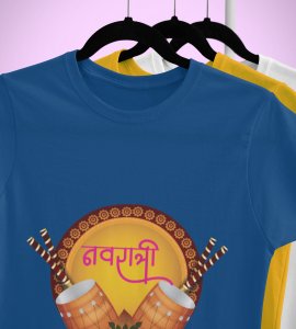 Navratri (2 dhaks) printed unisex adults round neck cotton half-sleeve blue tshirt specially for Navratri festival/ Durga puja