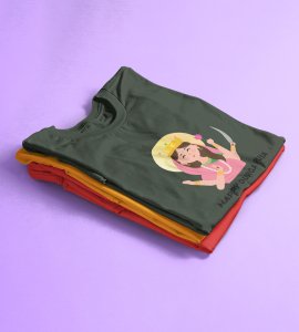 Pink saree dressup durga maa printed unisex adults round neck cotton half-sleeve green tshirt specially for Navratri festival/ Durga puja