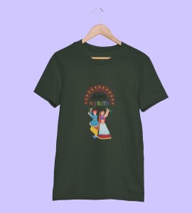 Traditional dressup couple printed unisex adults round neck cotton half-sleeve green tshirt specially for Navratri festival/ Durga puja