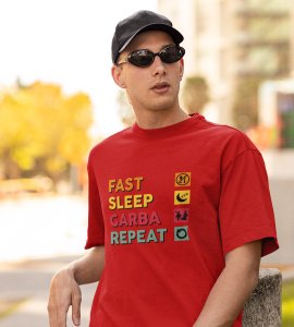 Fast, sleep, garba, repeat printed unisex adults round neck cotton half-sleeve red tshirt specially for Navratri festival/ Durga puja